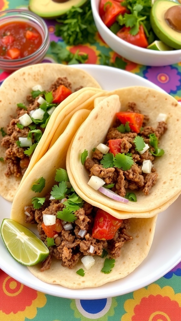 A plate of beef tacos with homemade tortillas, garnished with cilantro and lime.
